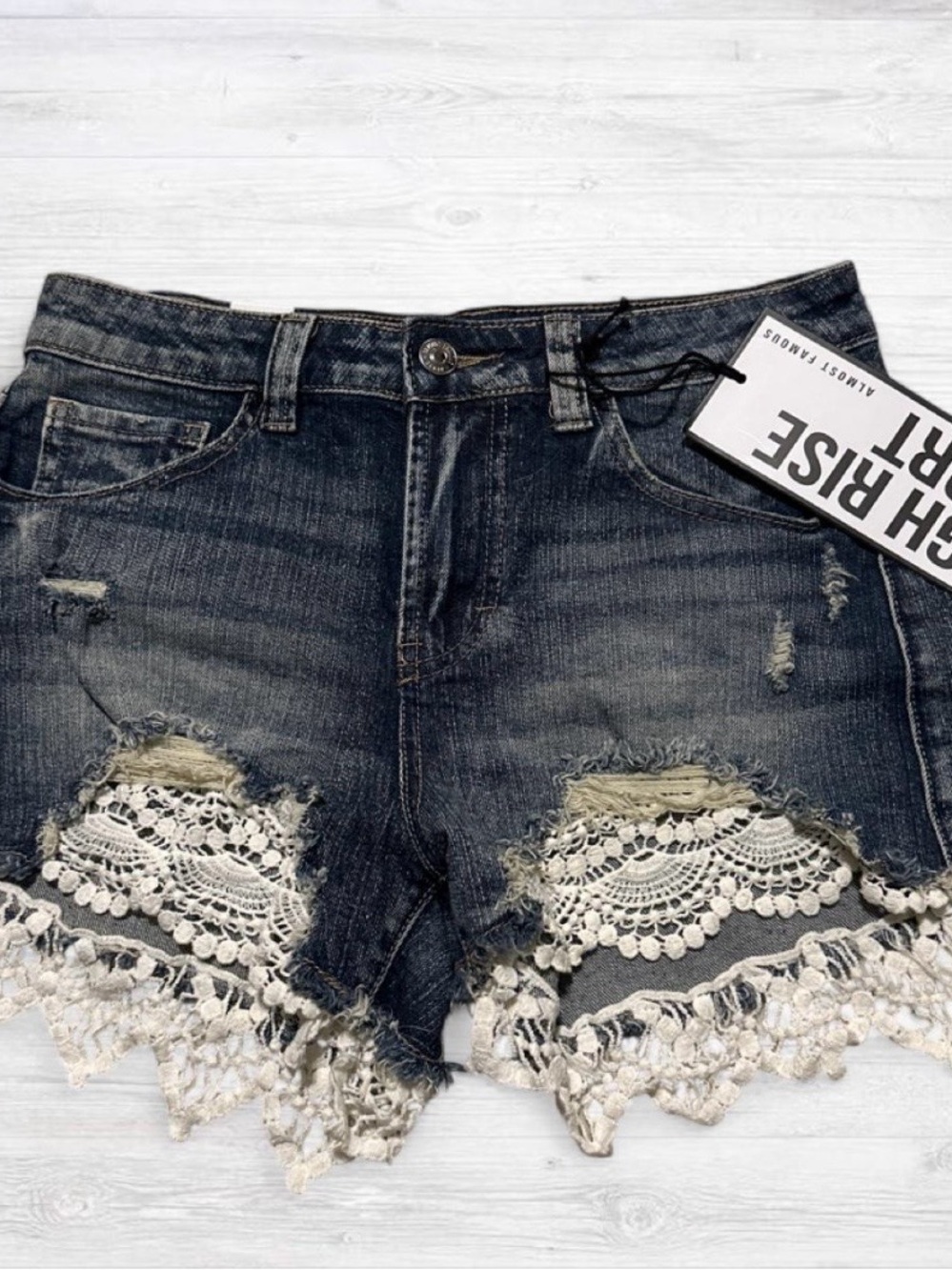 Almost Famous Dark Blue Denim Shorts with White Crochet Hem